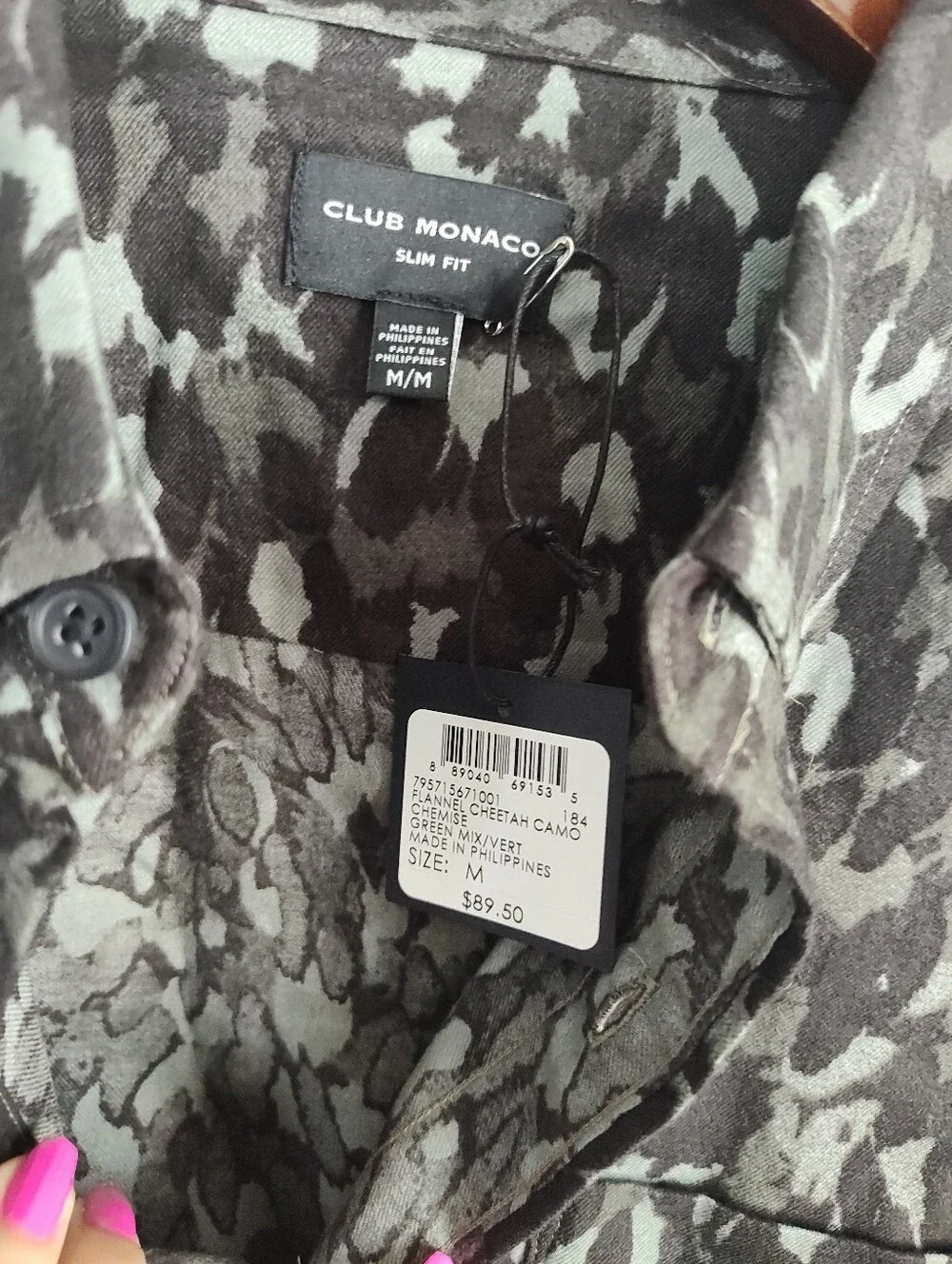 Club Monaco Men's Black and Gray Camouflage Shirt Jacket SZ M Slim Fit